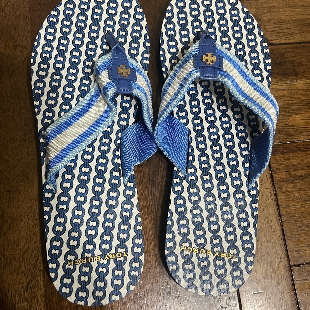 Tory Burch Blue and White Patterned Sandals